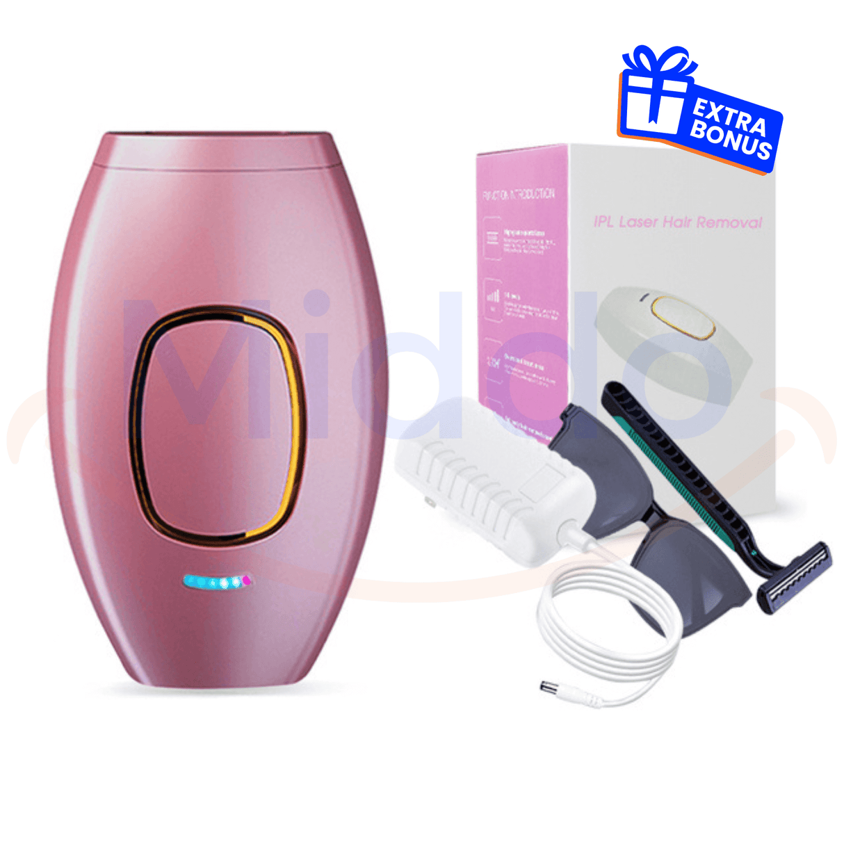 épilateur IPL rose avec accessoires et boîte, contenu complet du kit