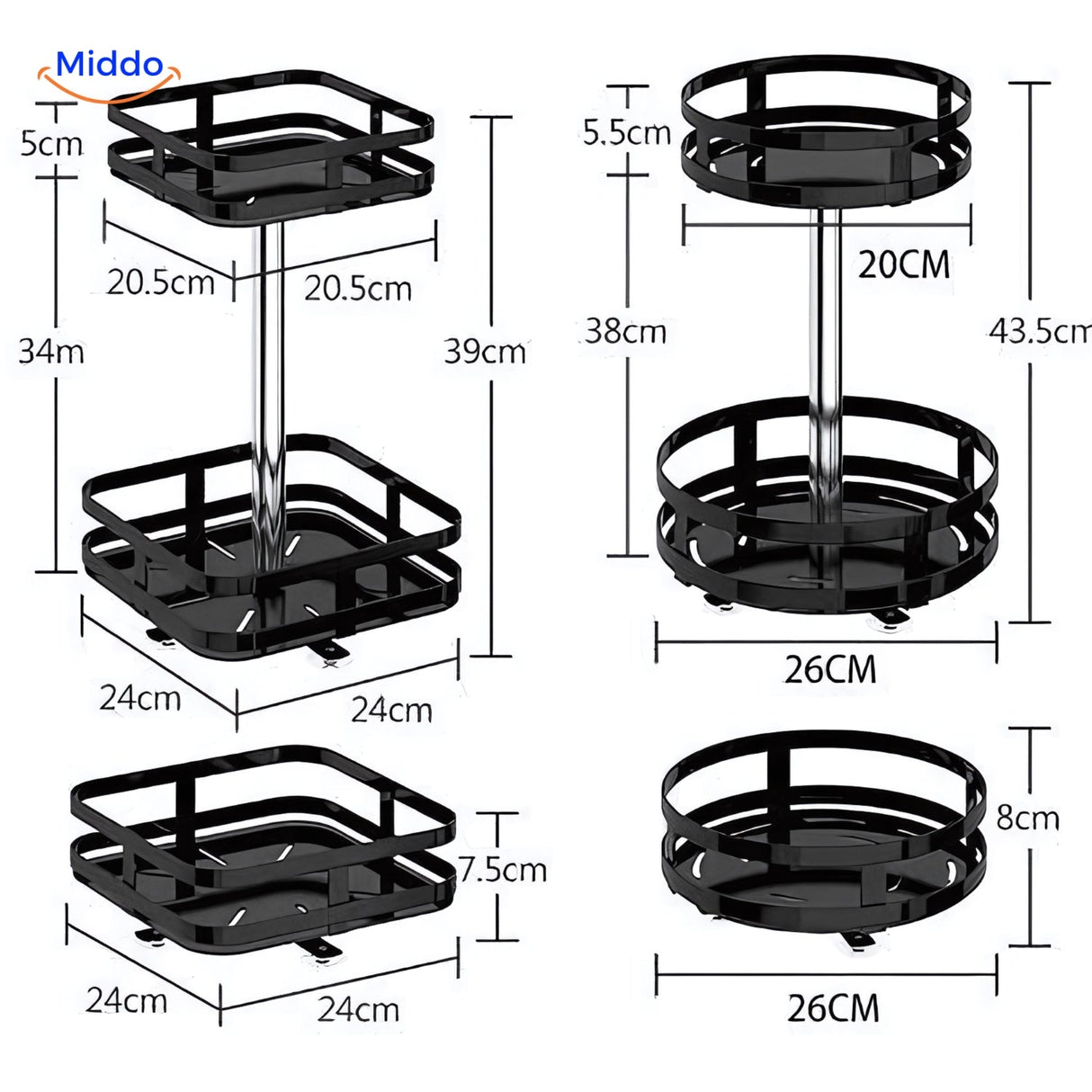 dimensions des modèles carré et rond de l'étagère rotative en métal moderne
