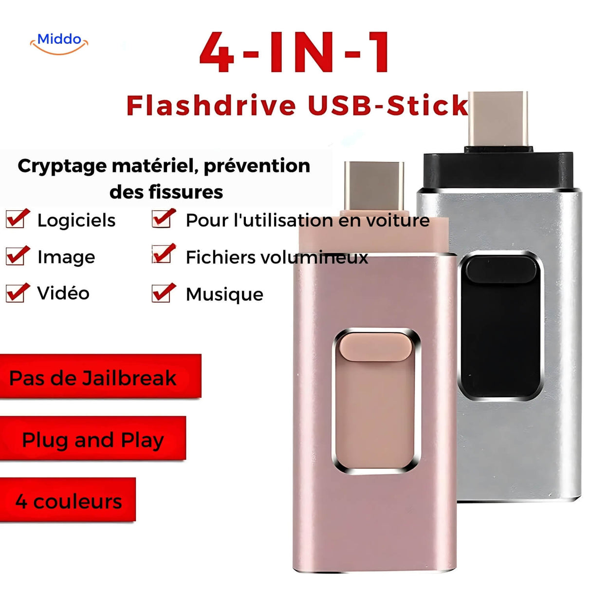 flashdrive 4-en-1 vue de face, design compact et portable pour stocker ses photos et vidéos