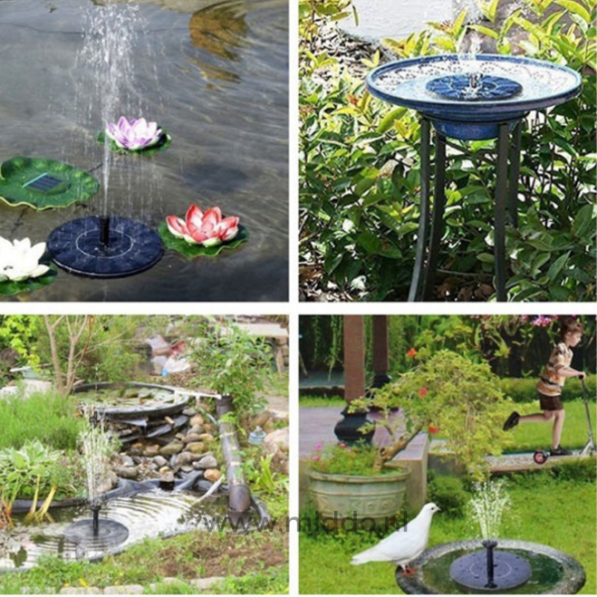 plusieurs configurations de la fontaine solaire dans différents jardins et bassins