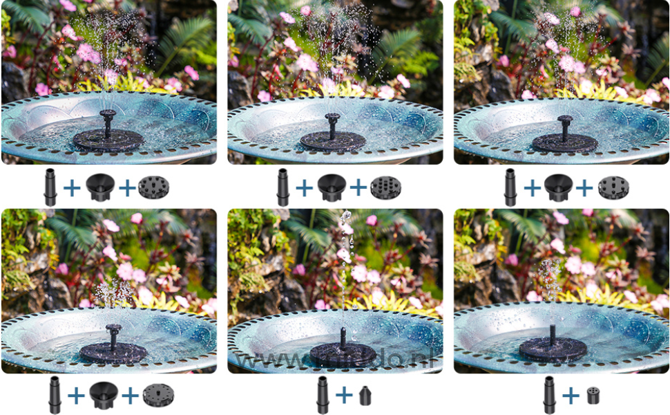 schéma des modes de projection et embouts interchangeables de la fontaine solaire