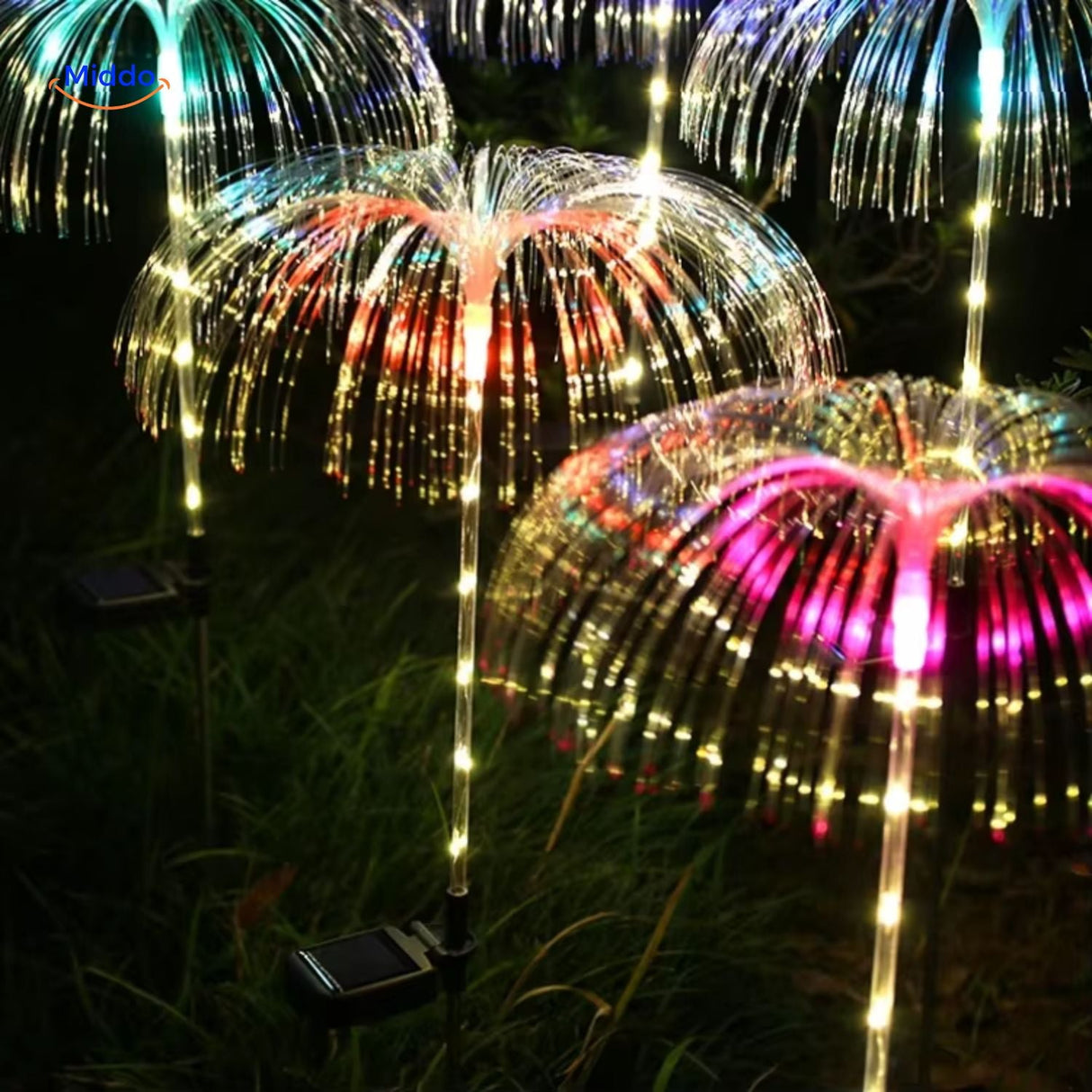 fontaine solaire avec longs effets lumineux et plusieurs couleurs vives pour le jardin