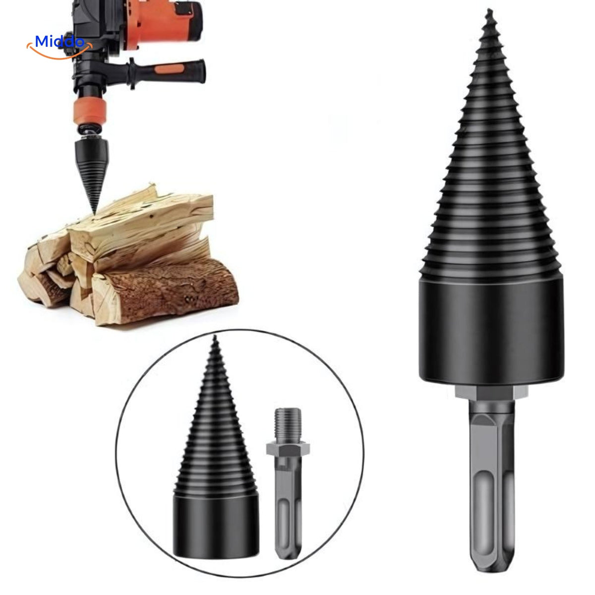 foret universel pour fendage du bois monté sur une perceuse à percussion électrique