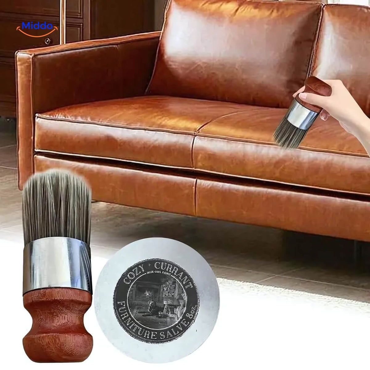 Furnituresalve™ et brosse à côté d’un canapé en cuir
