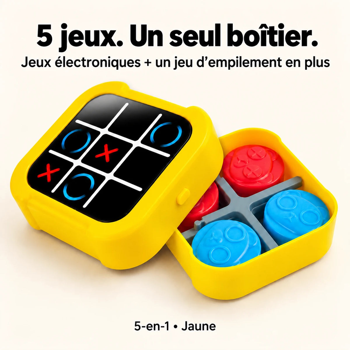 GameMaster 5-en-1 jaune avec jeu électronique et pions à empiler dans le boîtier