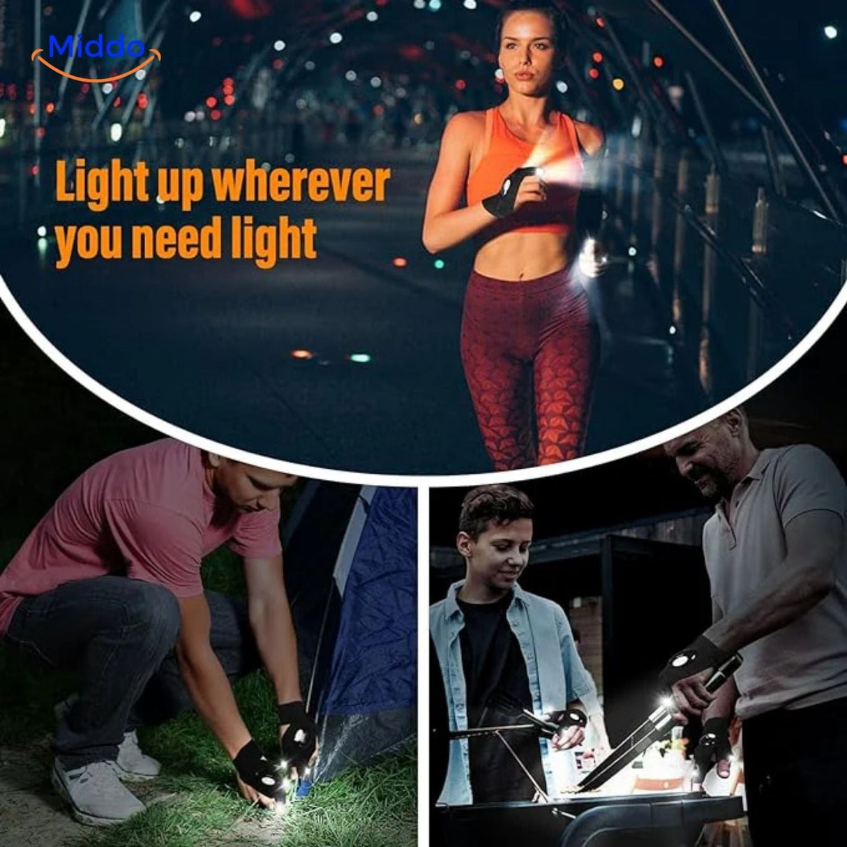 gants led avec double éclairage sur la paume pour une luminosité maximale toutes directions