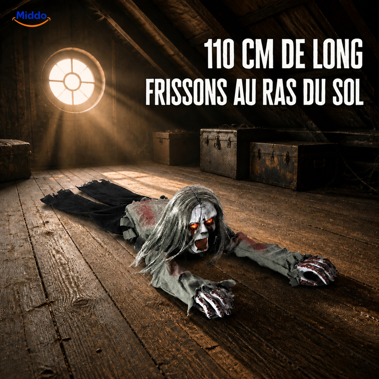 GhostEcho™ fantôme rampant d’Halloween activé par le son de 110 cm dans un grenier