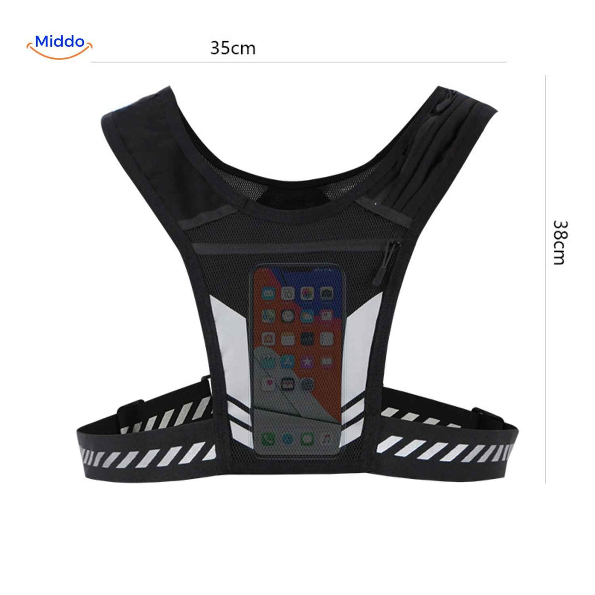 gilet running dimensions 35x38 cm avec bandes réfléchissantes, guide des tailles