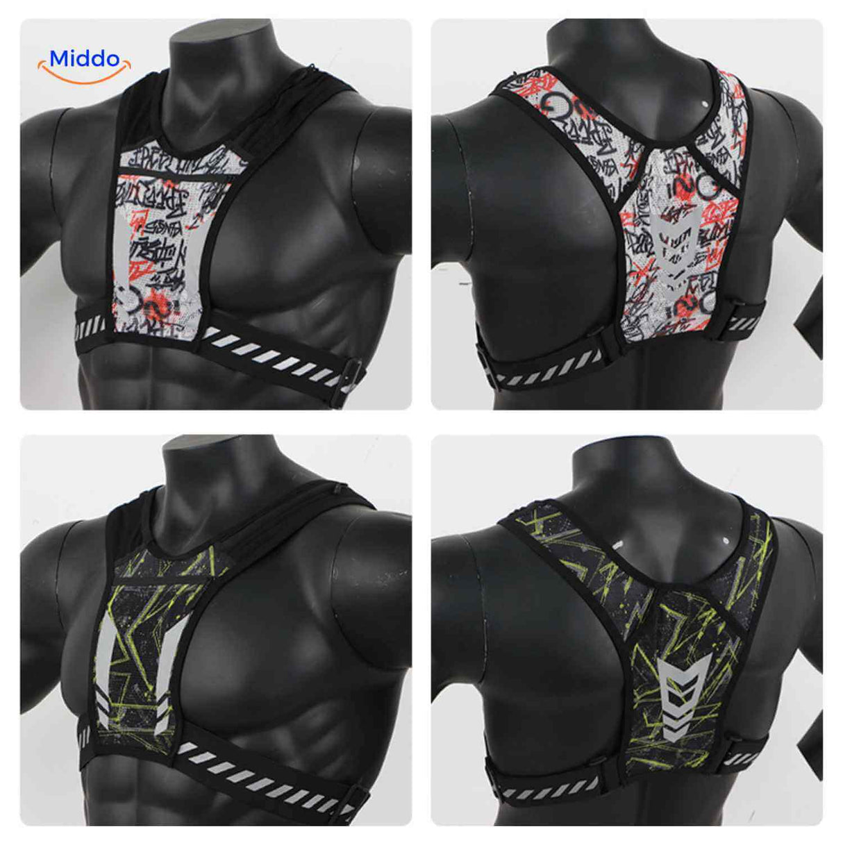 gilet de running avec motif graphique et bandes réfléchissantes, vue avant et arrière