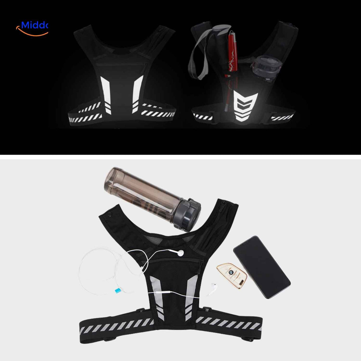gilet running réfléchissant présenté avec ses accessoires et équipements inclus