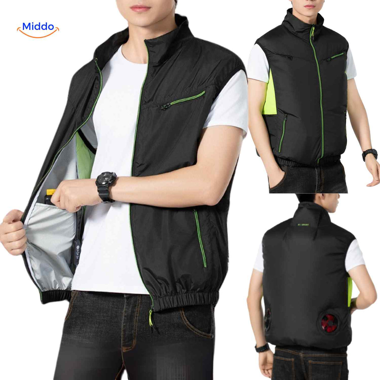 gilet de travail noir avec ventilateurs de refroidissement et poches zippees pour accessoires