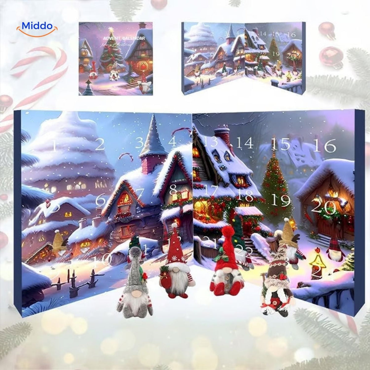gnome calendrier de l'avent en peluche avec maison miniature et nains d'hiver, décoration festive