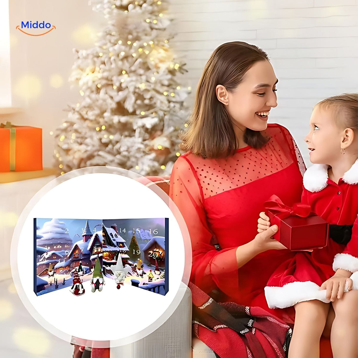 mère et enfant découvrant le calendrier de l'avent gnome en peluche dans une ambiance de noël