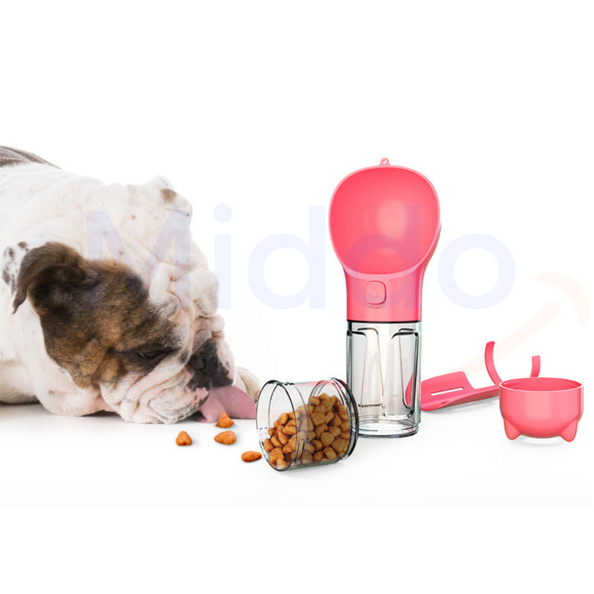 gourde 5-en-1 rose avec bulldog et compartiment à nourriture intégré pour chien