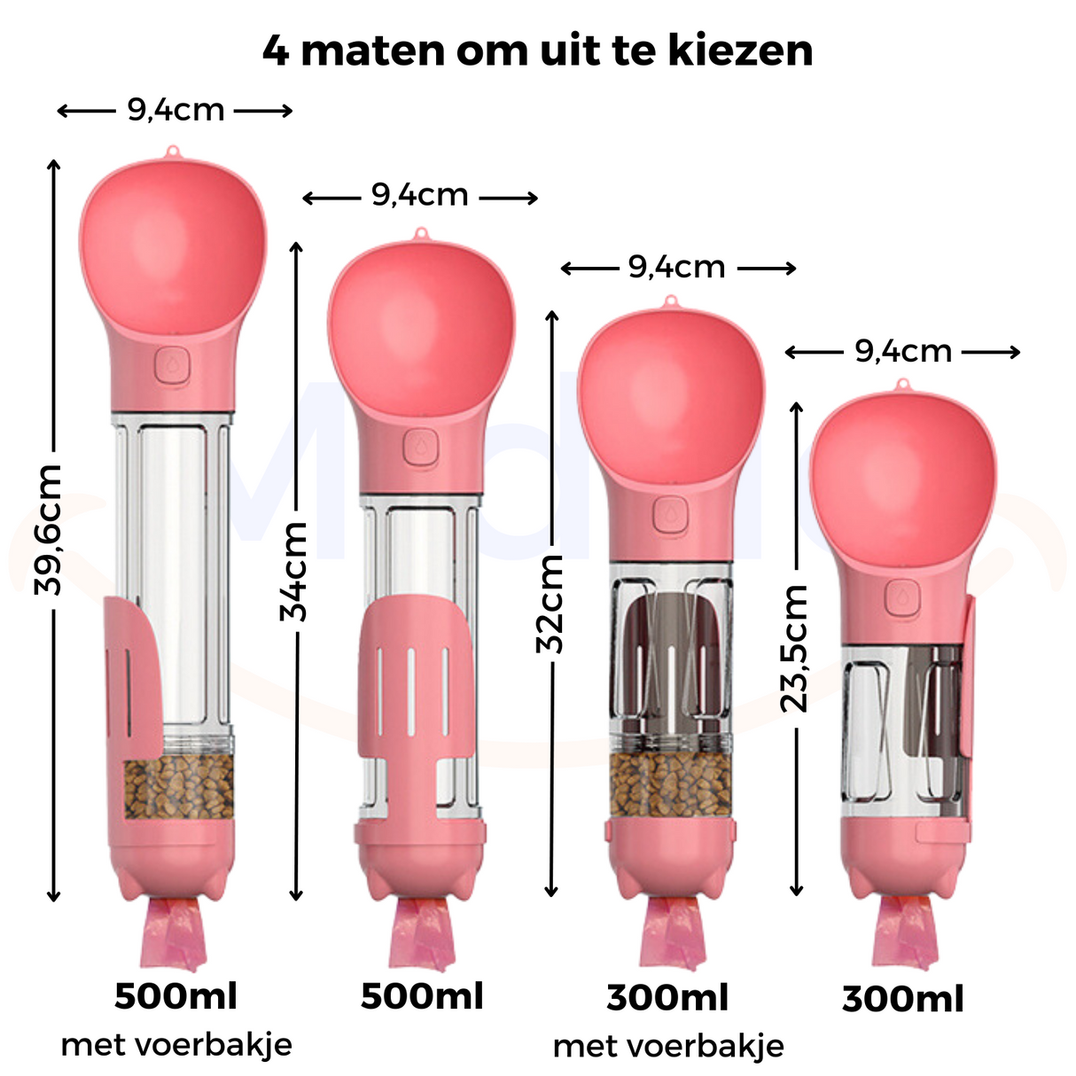 gourde portable 5-en-1 pour chien rose avec dimensions indiquées, compact et leger