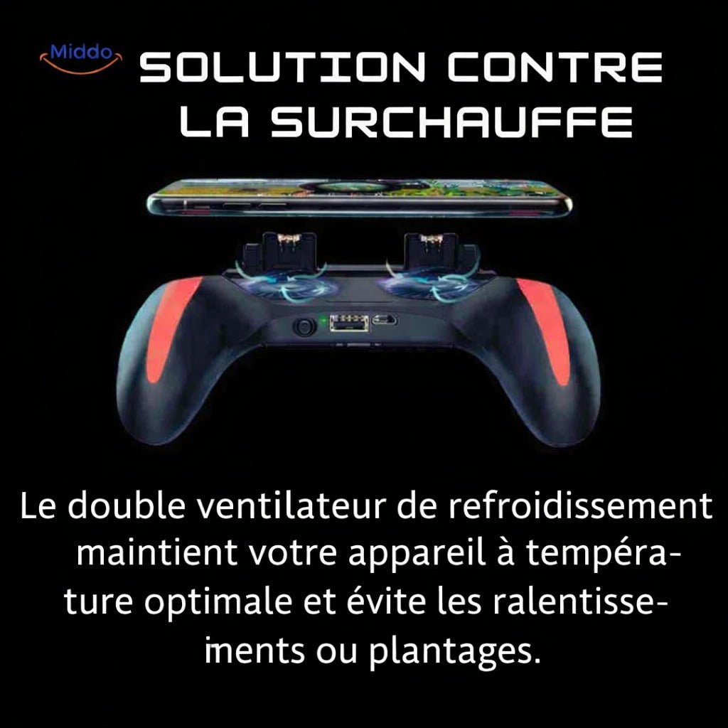 grip fps pour smartphone avec éclairage led bleu et double ventilateur de refroidissement actif