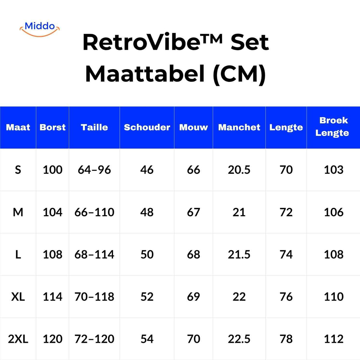 guide des tailles du survêtement rétro 80s, tableau comparatif en centimètres pour bien choisir sa taille