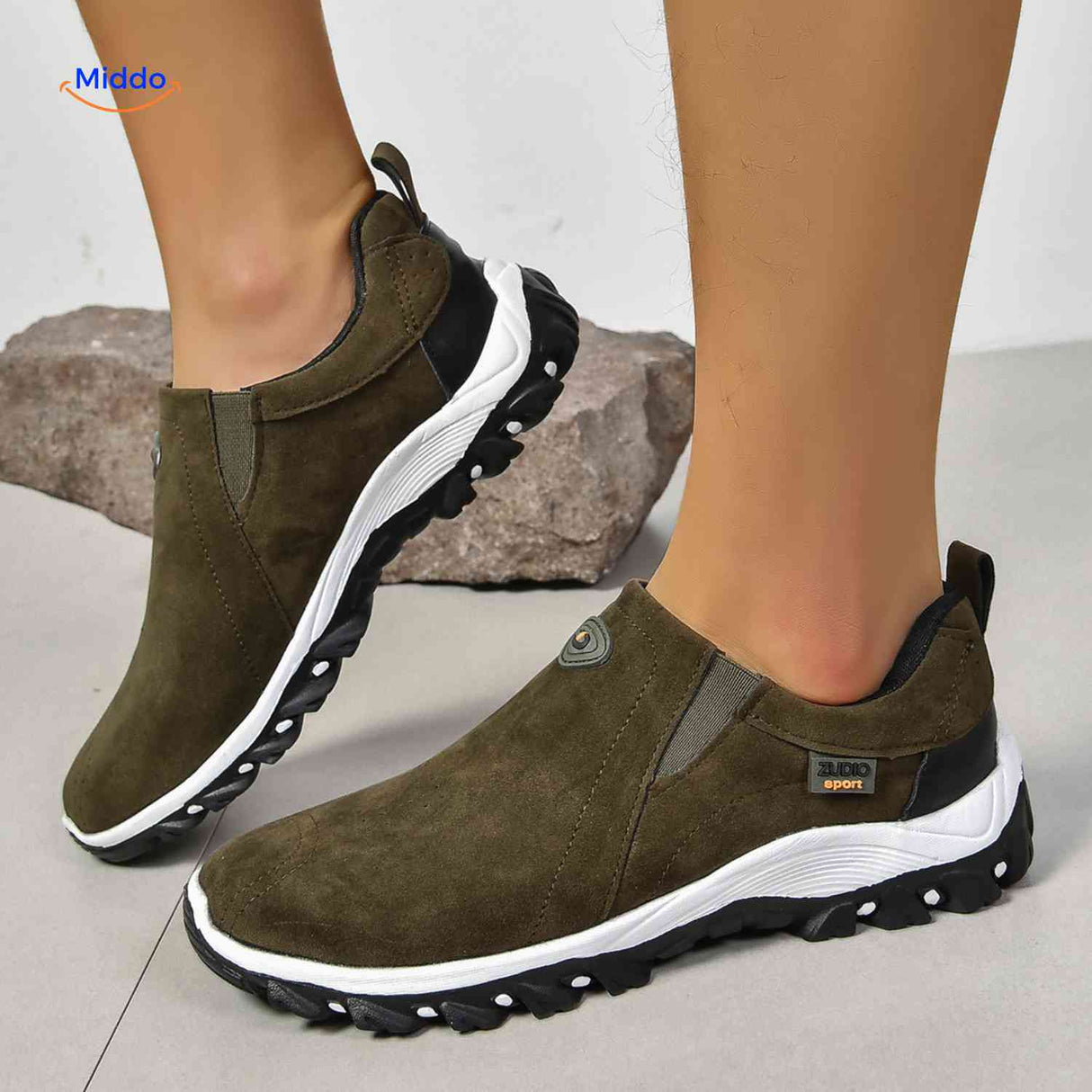 Chaussures homme Stridex à enfiler en suède, vert olive, vue latérale, vue 6