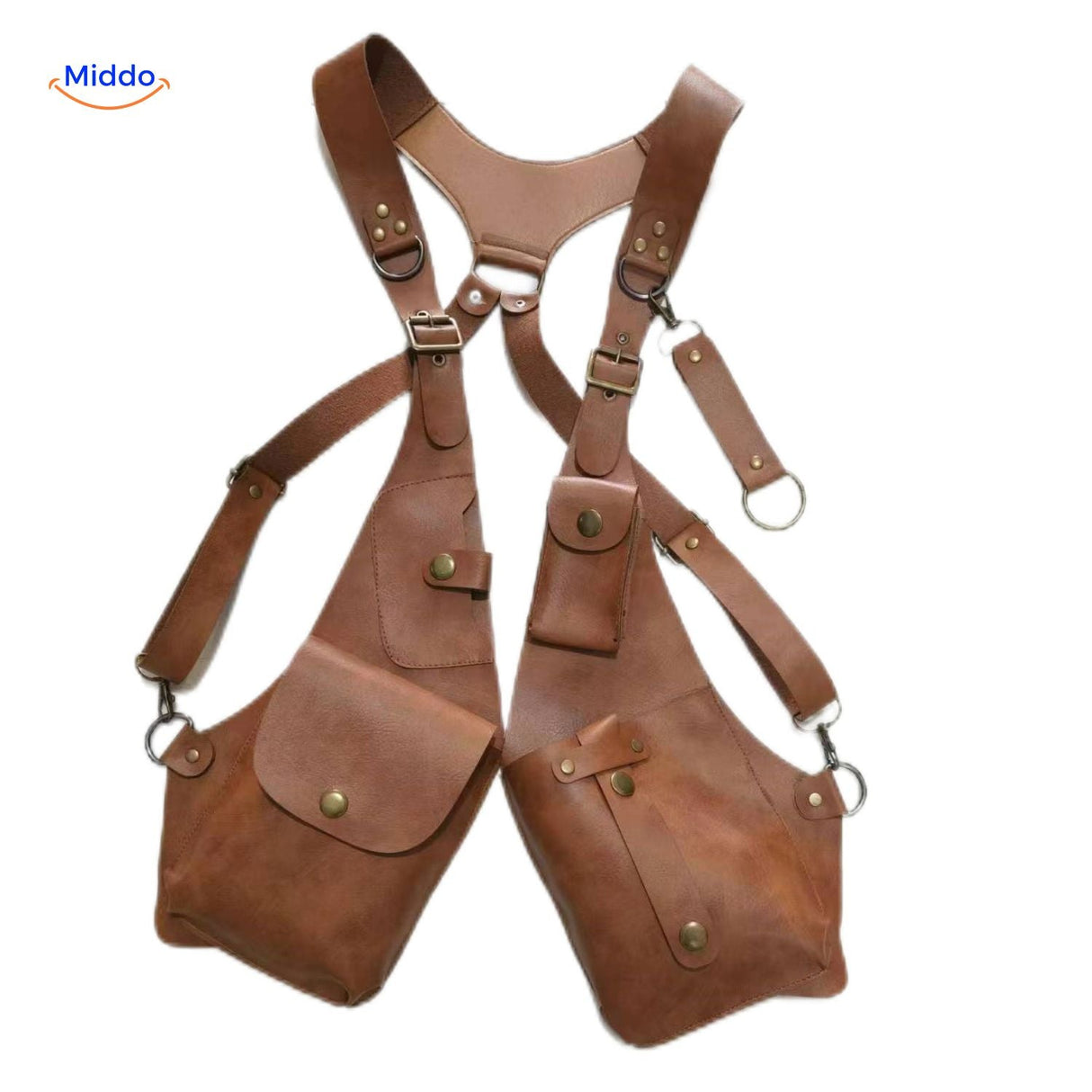 holster épaule cuir beige avec poches suspendues détaillées, vue intérieure