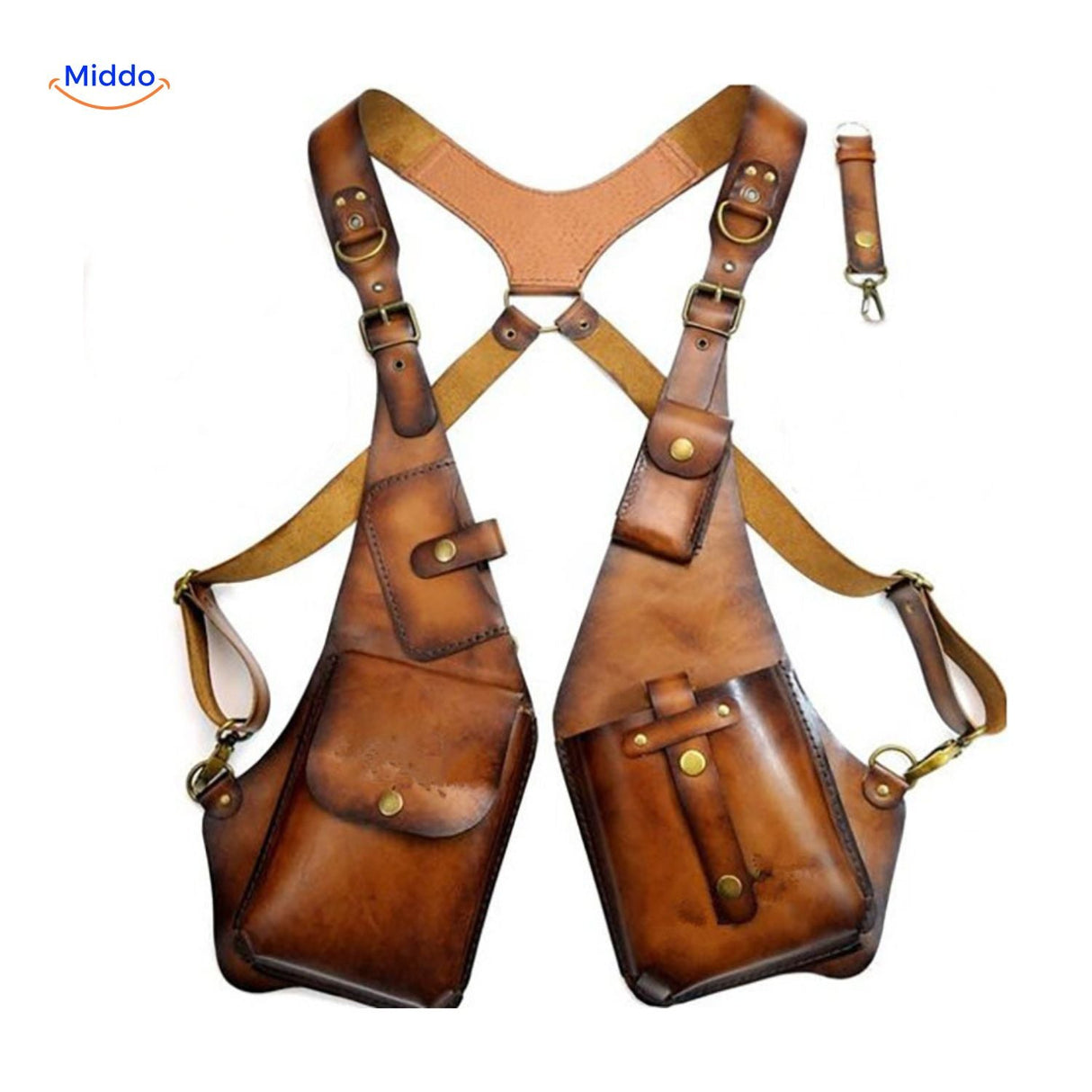 holster épaule steampunk coloris brun clair doré, vue complète en studio