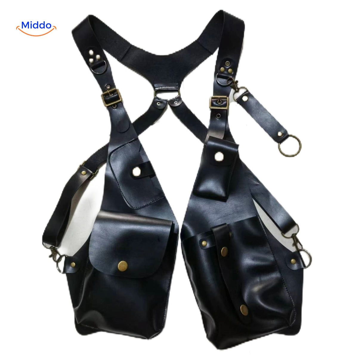 holster épaule cuir noir avec poches suspendues visibles, vue de détail