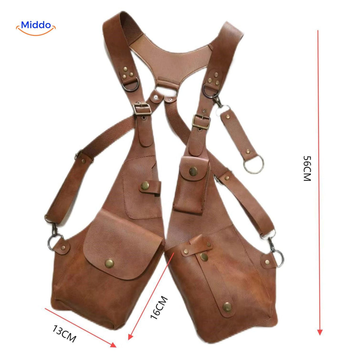 holster épaule steampunk cuir brun avec mesures et dimensions indiquées