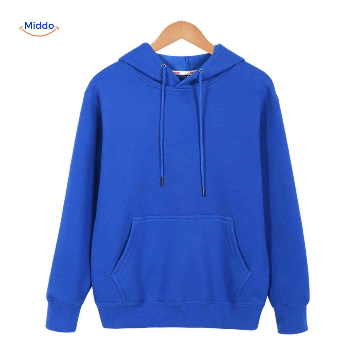 hoodie polaire minimaliste avec poche kangourou, présenté sur cintre