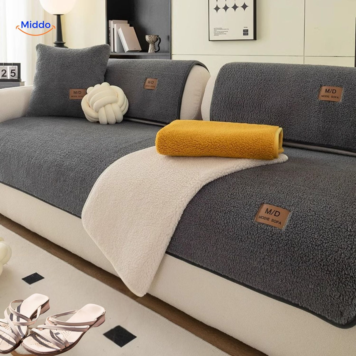 housse de canapé effet peau de mouton jaune et blanc avec plaids coordonnés