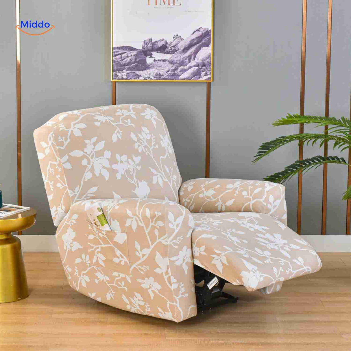 housse de fauteuil relax beige à imprimé floral blanc, style élégant et reposant