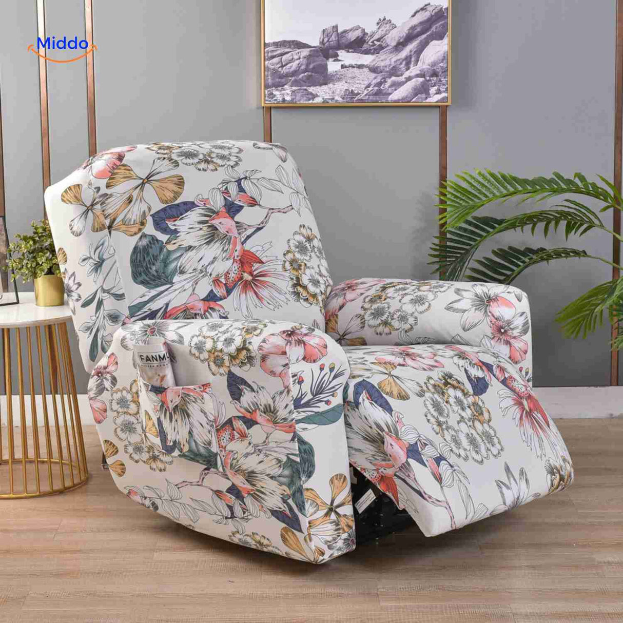 housse de fauteuil relax blanche avec flamants roses et motifs floraux