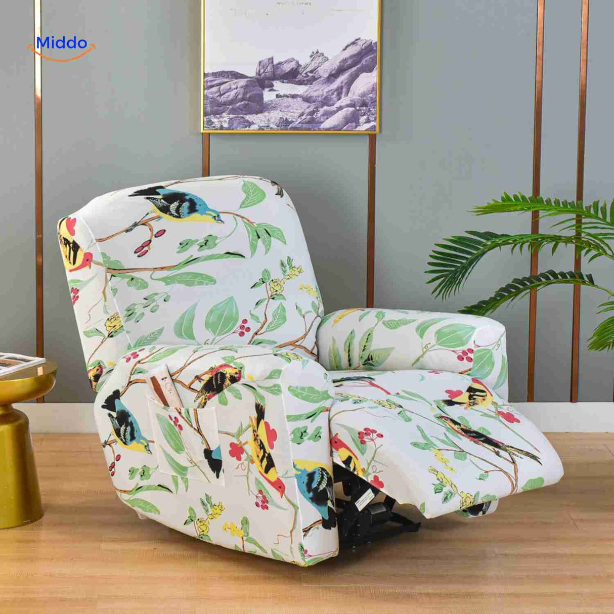 housse de fauteuil relax blanche avec imprimé oiseaux et feuillage naturel