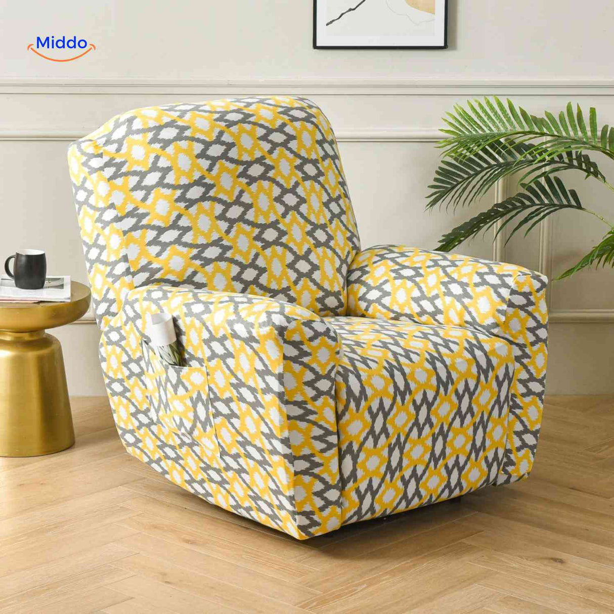 housse de fauteuil relax avec imprimé aztèque jaune et gris, coupe extensible