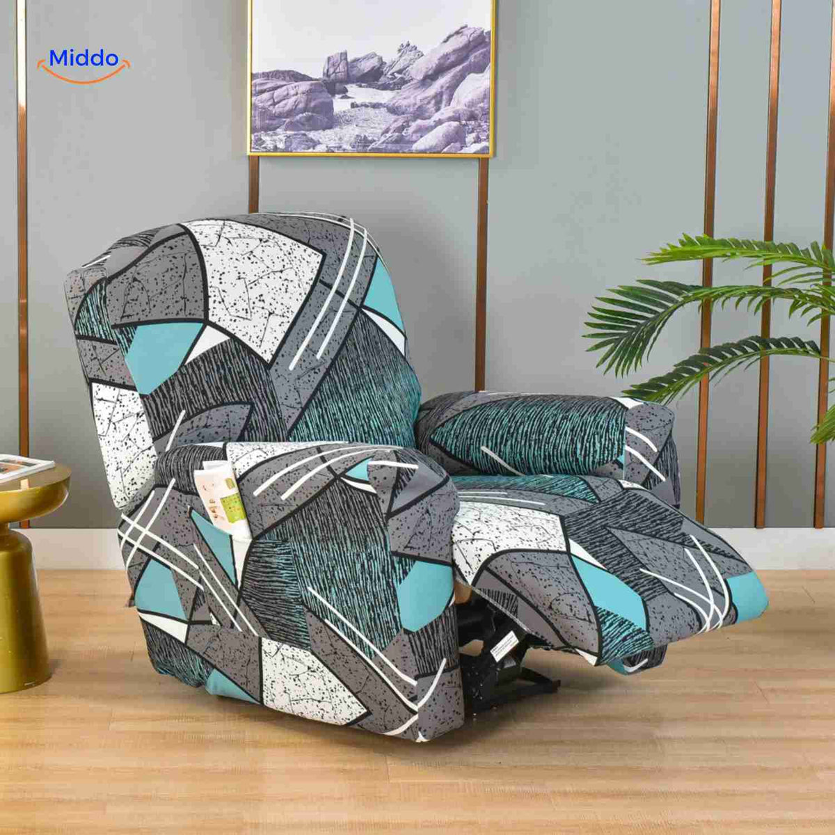 housse de fauteuil relax extensible motif abstrait bleu et blanc avec accents turquoise