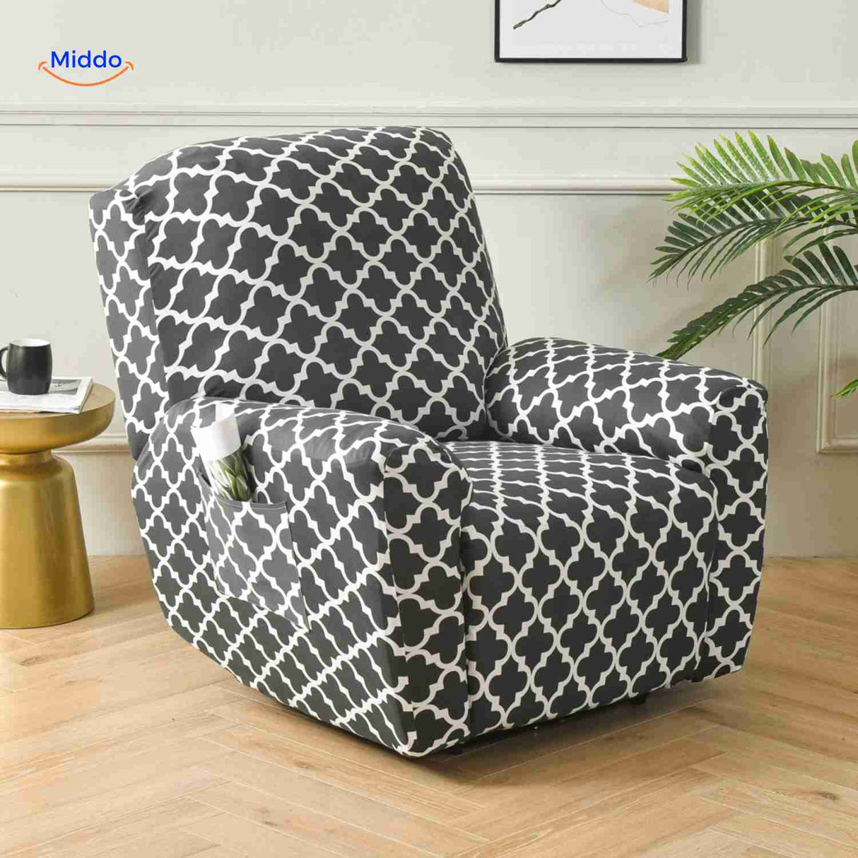 housse extensible pour fauteuil relax motif marocain classique noir et blanc