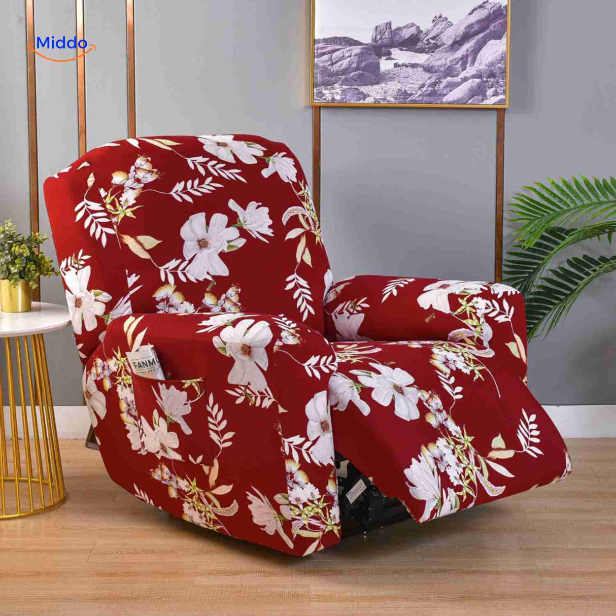 housse extensible rouge ornée de fleurs blanches pour fauteuil relax, esprit romantique
