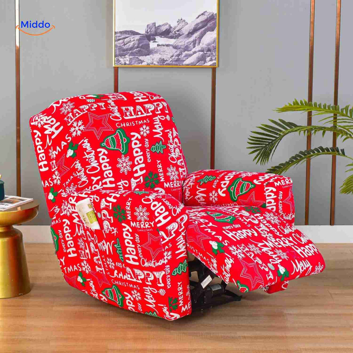 housse de fauteuil relax rouge avec motif de Noël festif, idéal pour les fêtes