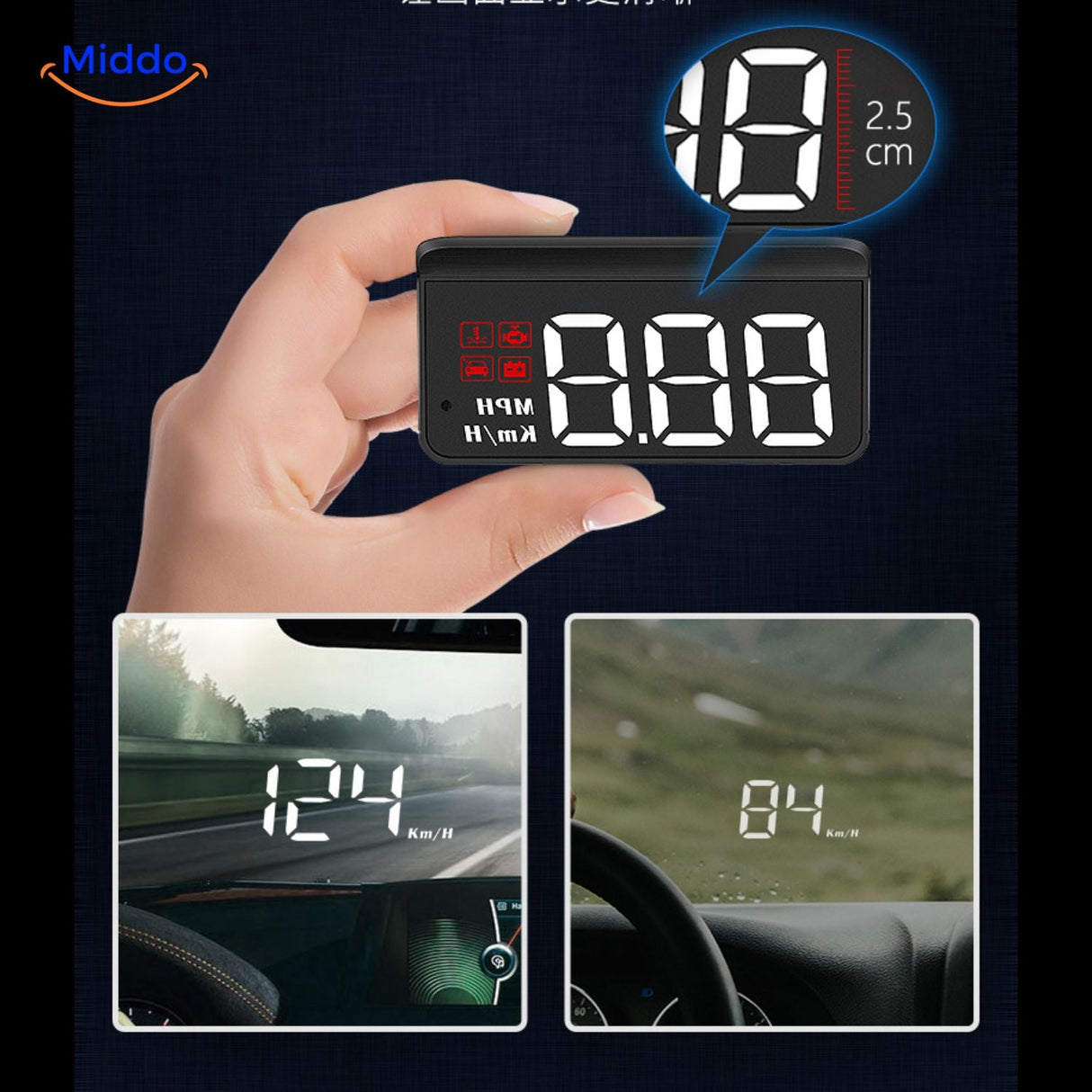 projecteur HUD affichant la vitesse en chiffres clairs sur pare-brise, vue tableau de bord
