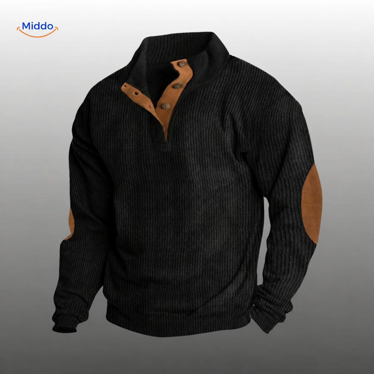 Pull IndieWear en velours côtelé noir, avec patte de boutonnage et coudières marron.