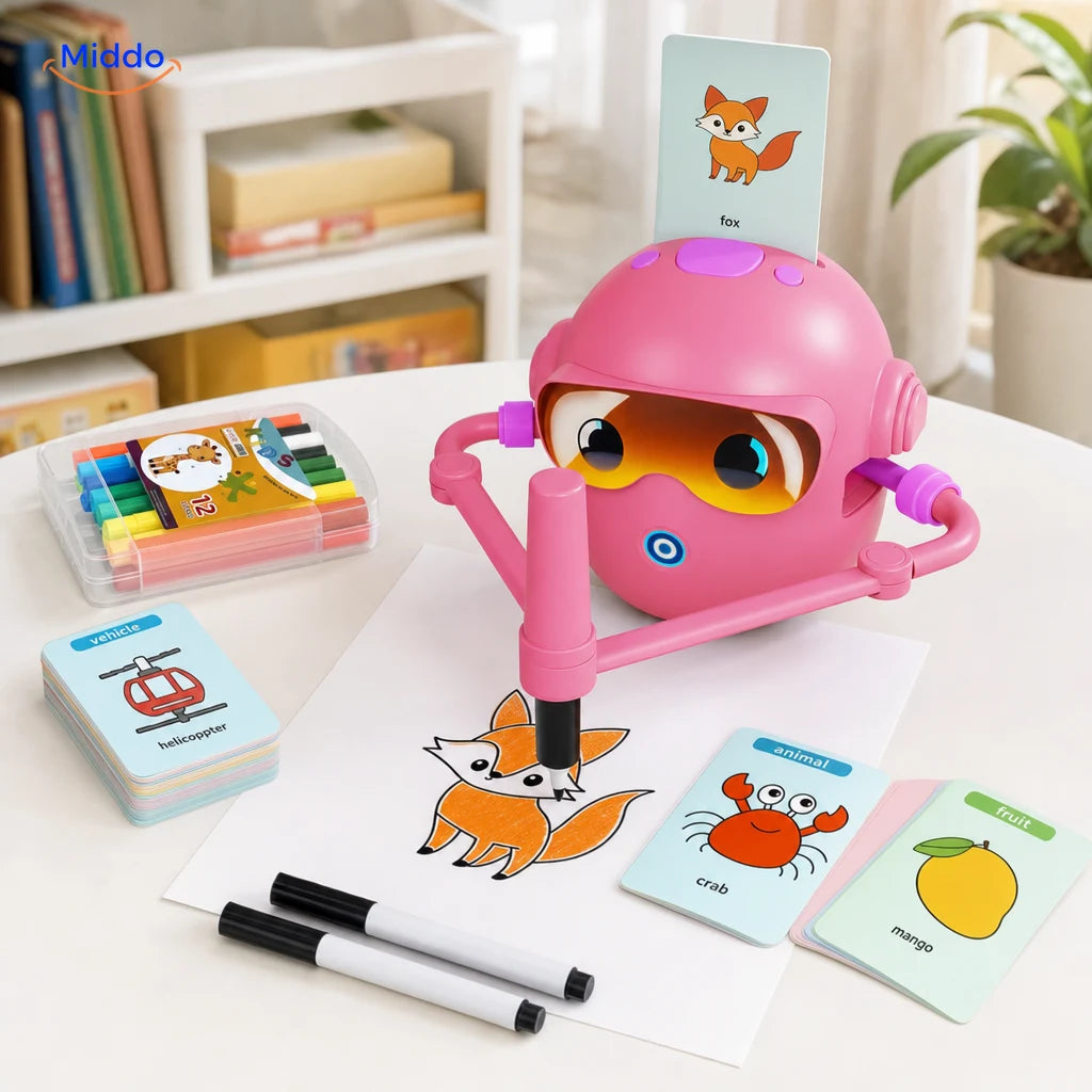 Robot de dessin rose Complet avec 100 cartes et 12 feutres de couleur