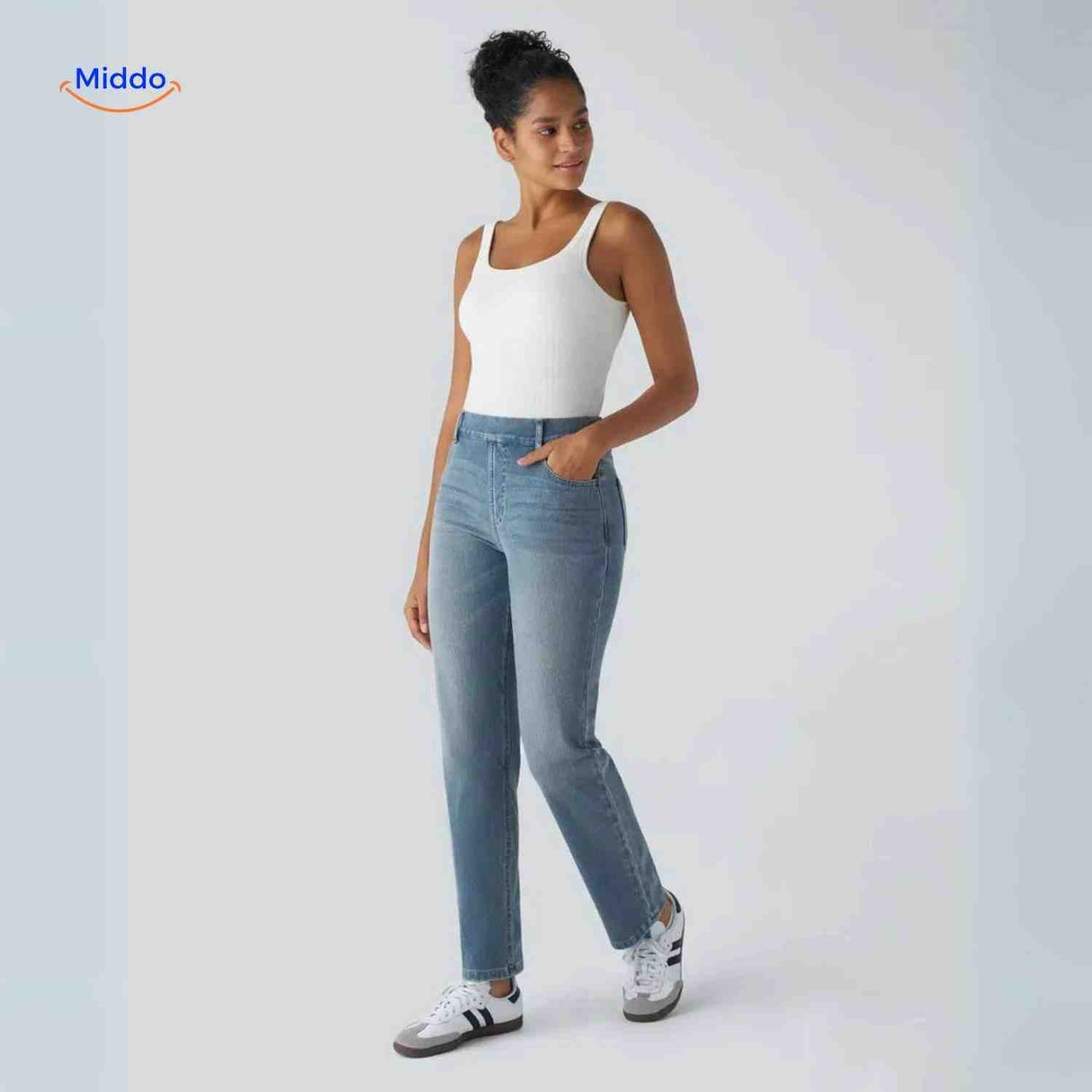 jean femme taille haute stretch bleu, maintien optimal et confort toute la journée
