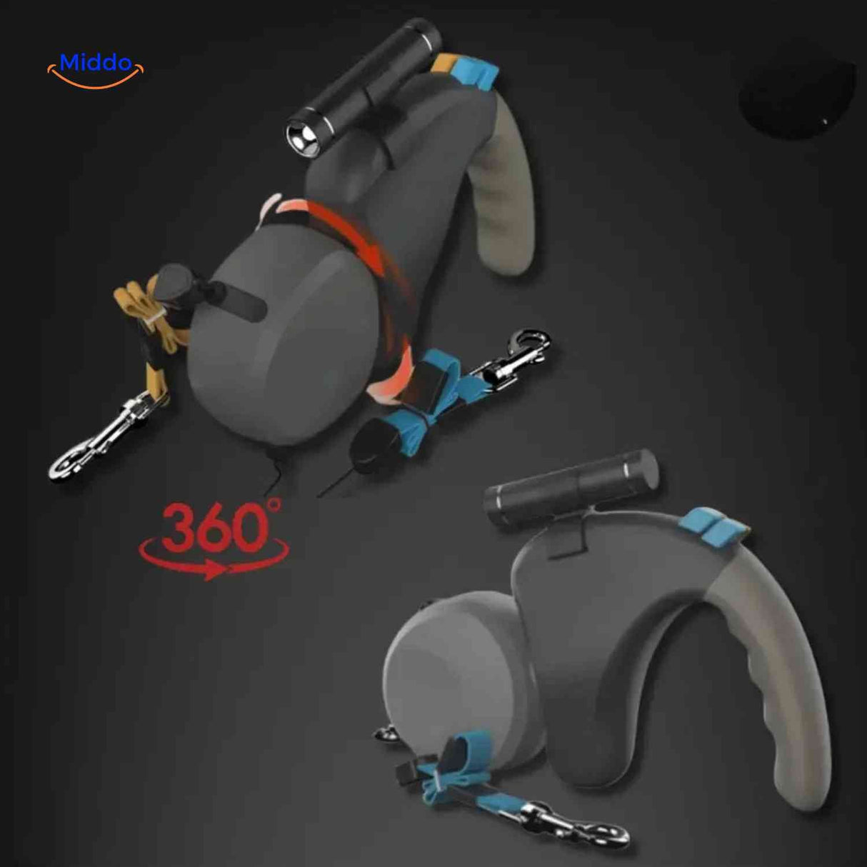 laisse rétractable double disponible en deux coloris avec poignée et lampe de poche intégrée