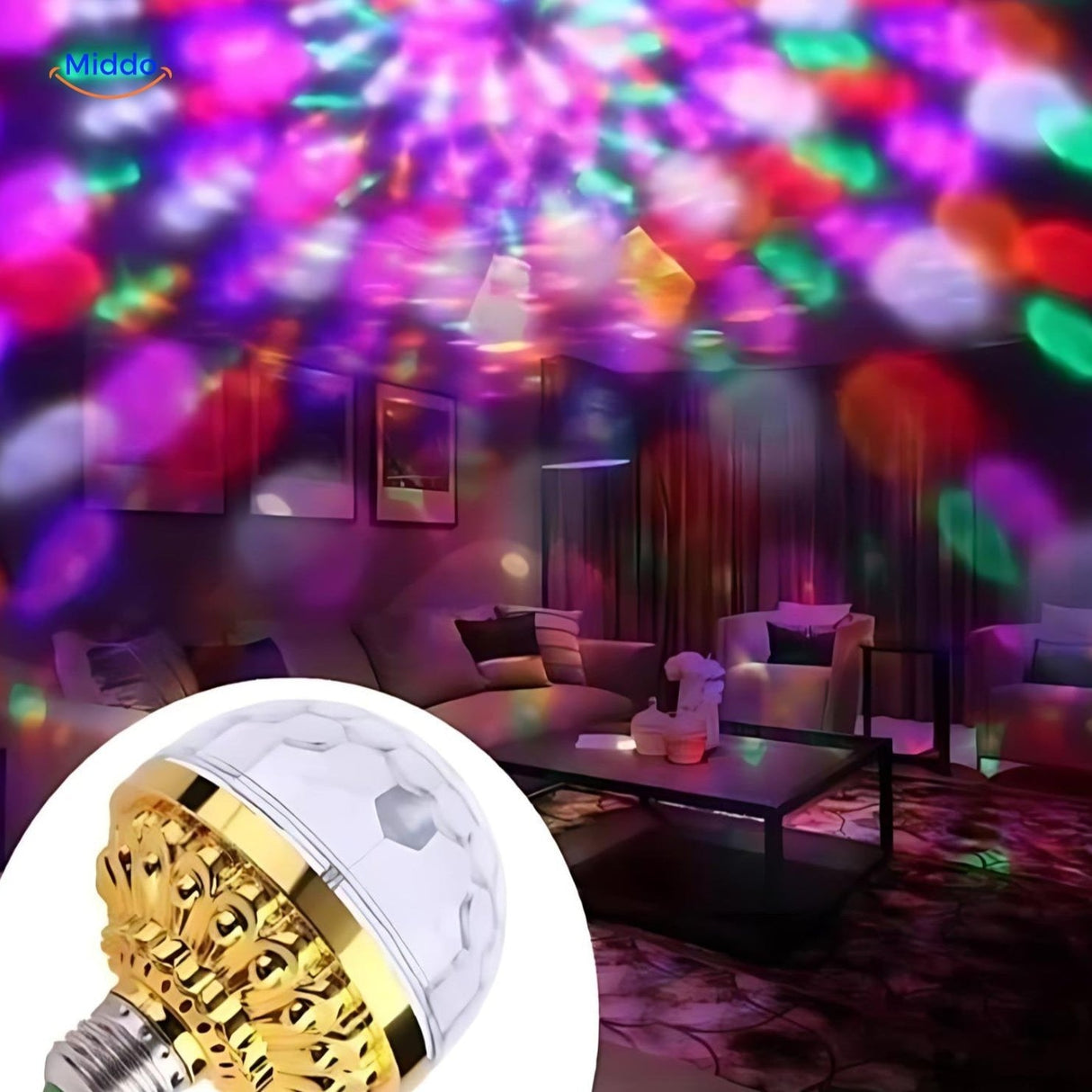 lampe disco LED rotative magicball en situation dans un salon avec effets de lumière colorés