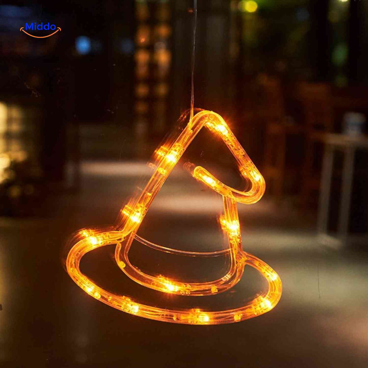 lampe led halloween en forme de chapeau de sorcière, guirlande lumineuse orange pour décoration de fenêtre
