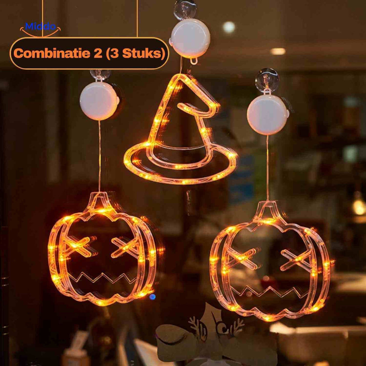 set de lampes led halloween citrouille et chapeau de sorcière orange, guirlande pour décoration de fenêtre