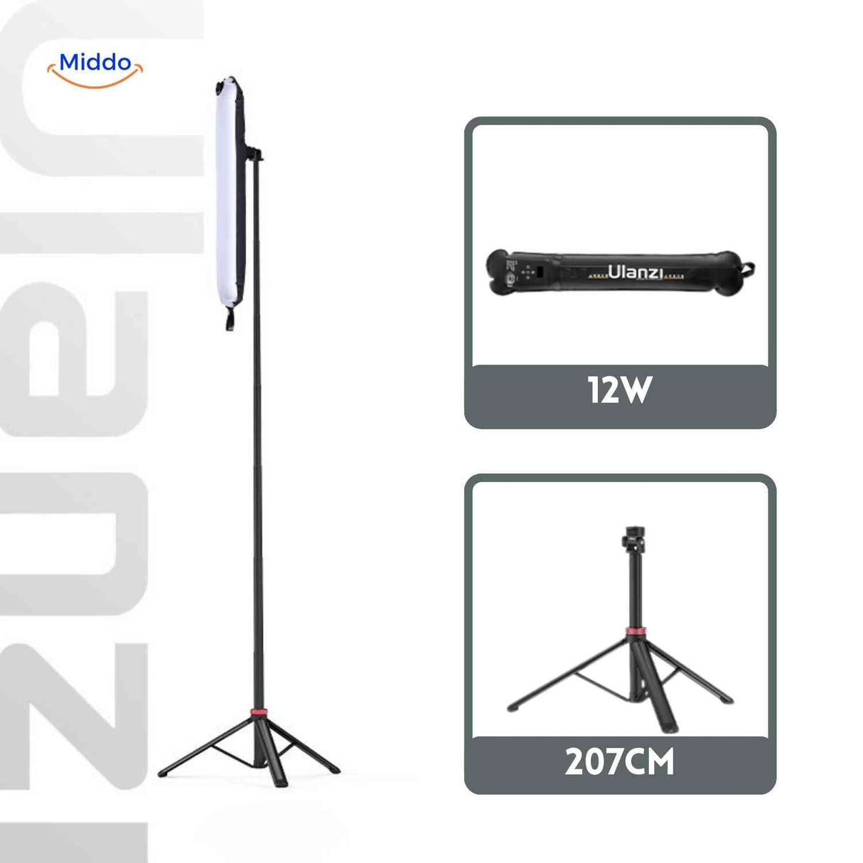 lampe LED tube 12 W montée sur trépied extensible jusqu'à 207 cm