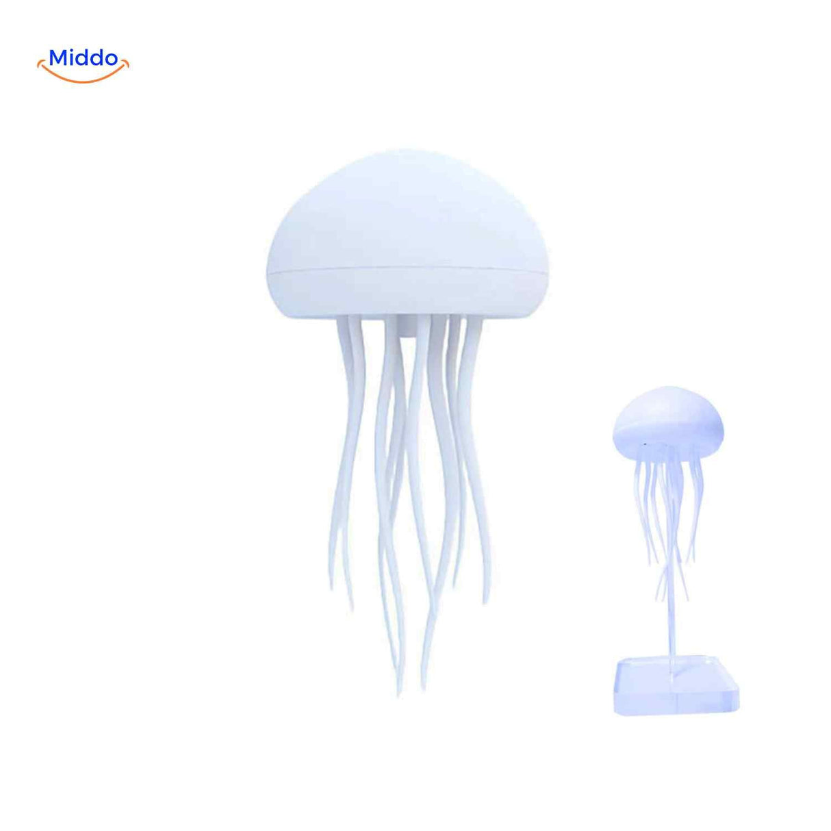 lampe méduse blanche en forme de méduse sur socle transparent, veilleuse led épurée