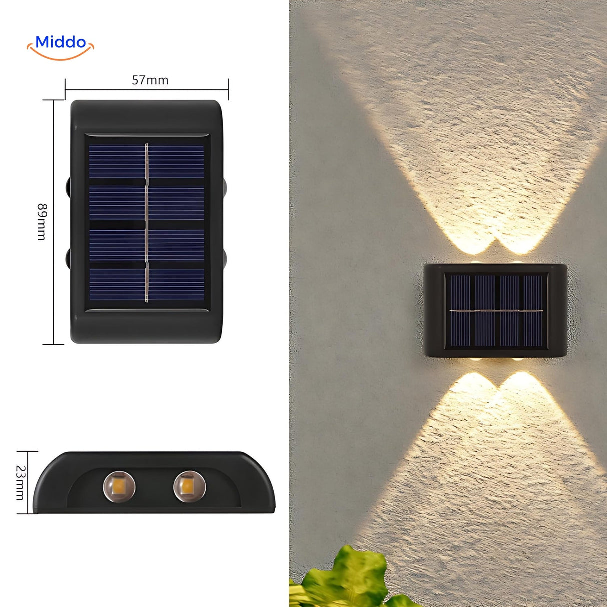 applique solaire murale double tête en lumière blanche chaude, ambiance douce pour l'extérieur