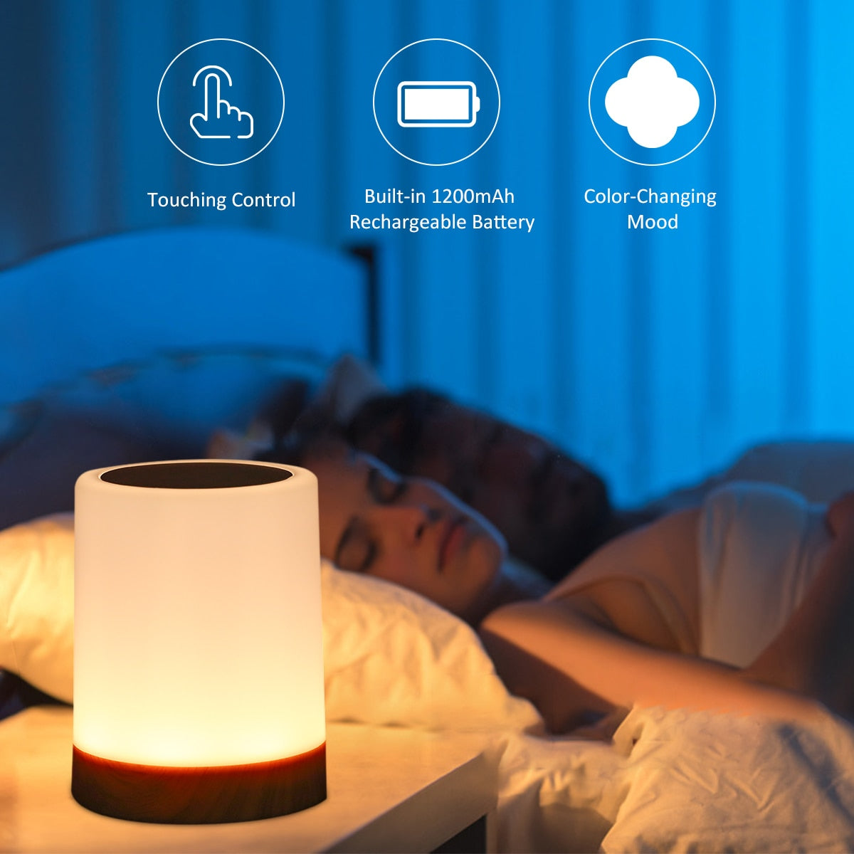 veilleuse tactile avec batterie intégrée posée dans une chambre à coucher pour une lumière douce
