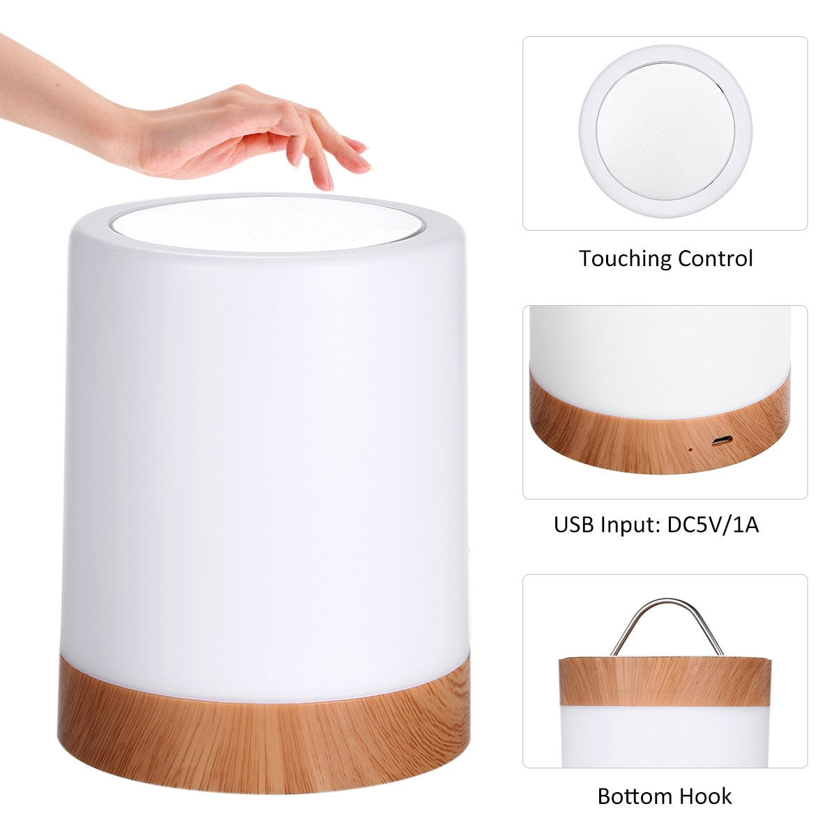 gros plan sur la commande tactile et l'entrée de charge usb de la lampe d'ambiance