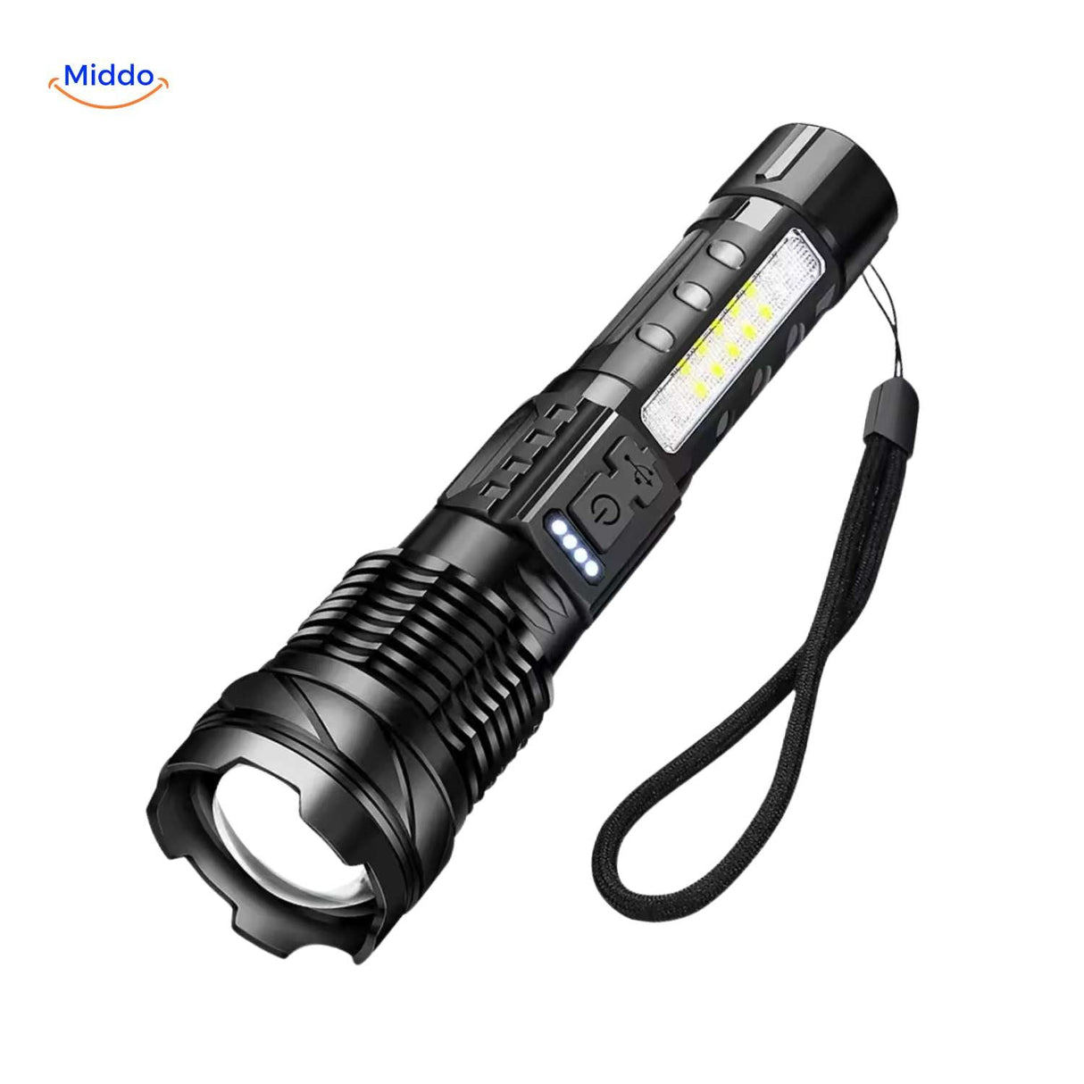 lampe torche led durable avec éclairage latéral intégré et dragonne de transport